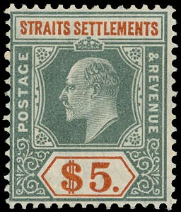 MALAYA - STRAITS 1904  SG138 Mint unmounted KEVII $5 dull green and brown-orange ordinary paper