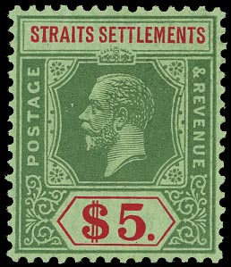 MALAYA - STRAITS 1921  SG240a Mint KGV $5 green and red on green die II