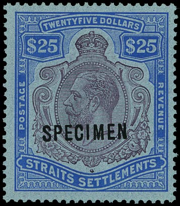 MALAYA - STRAITS 1921  SG240bs Specimen KGV $25 purple and blue on blue paper Script watermark