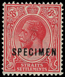 MALAYA - STRAITS 1921  SG240es Specimen KGV unissued 8c carmine Script watermark unmounted mint