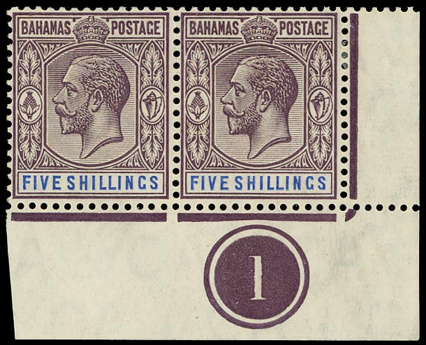 BAHAMAS 1912  SG88 var Mint 5s deep plum and blue watermark MCA