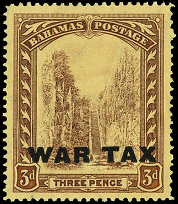 BAHAMAS 1918  SG98w Mint unmounted War Tax 3d purple on yellow paper variety Watermark inverted