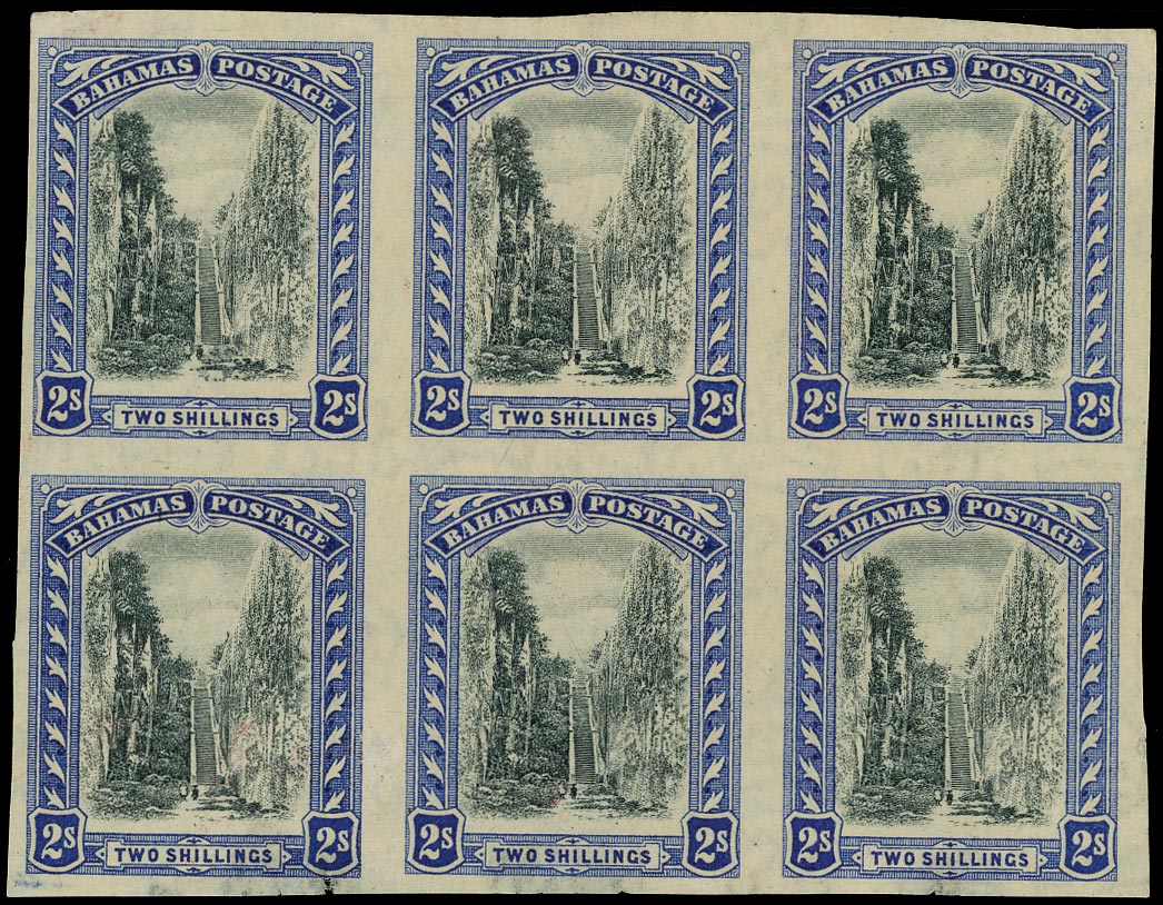 BAHAMAS 1921  SG113 Proof of Queen's Staircase 2s black and blue imperforate on Script watermark paper