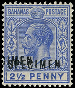 BAHAMAS 1921  SG119sa Specimen 2&frac12;d ultramarine Script watermark error Overprint double