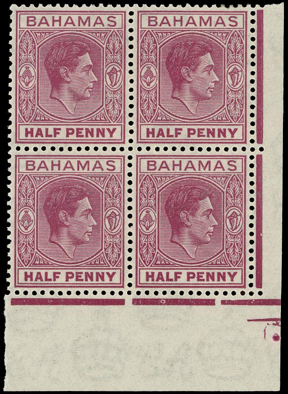 BAHAMAS 1938  SG149ec Mint unmounted KGVI &frac12;d brown-purple variety Elongated E