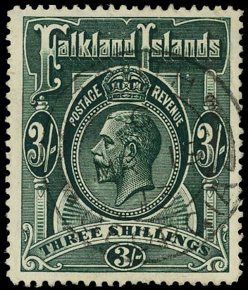 FALKLAND ISLAND DEPS 1912  SGZ28 Cancel KGV 3s slate-green watermark MCA used in South Georgia