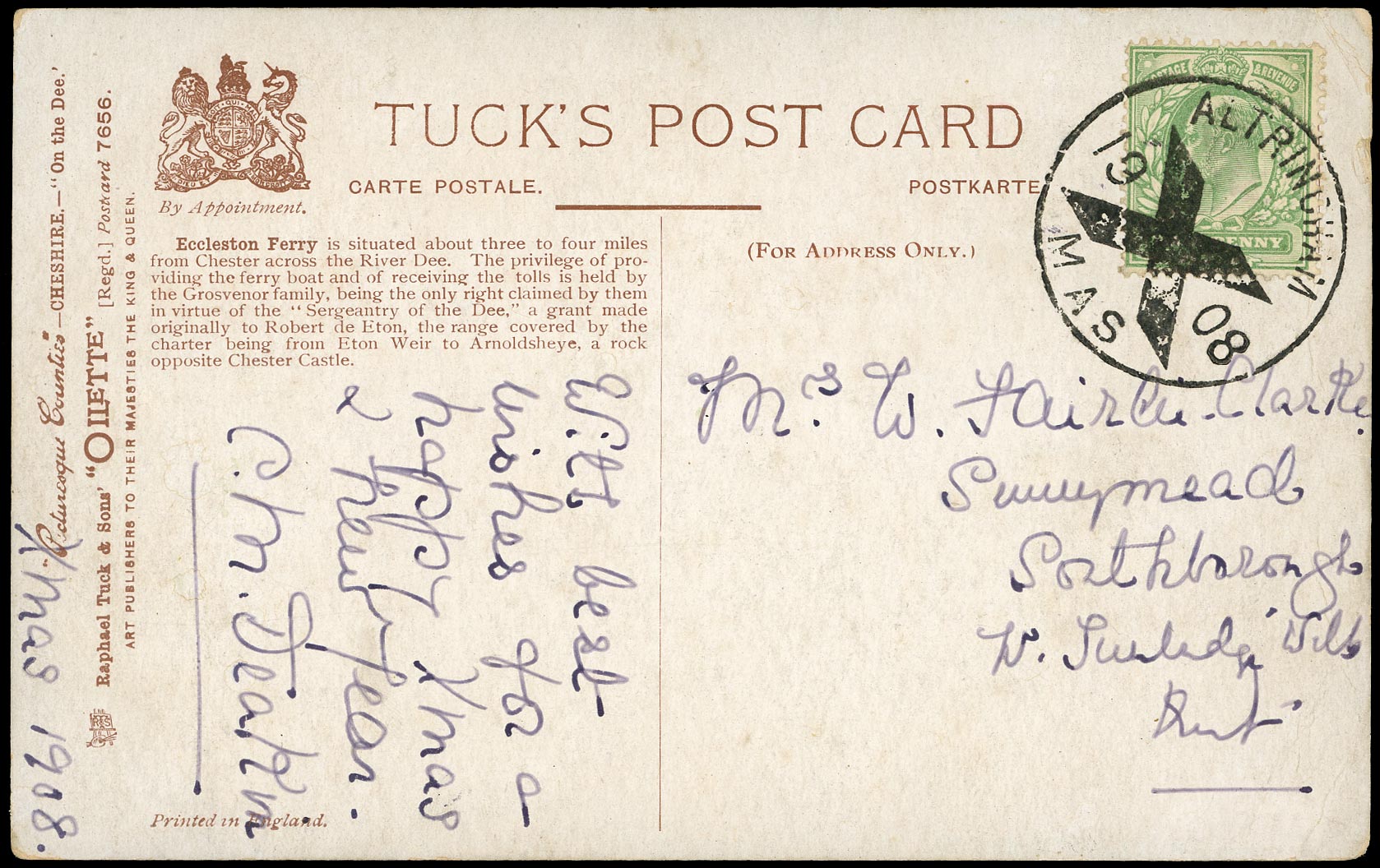 GB 1908  SG218 Cover - Altrincham Posted in Advance for Xmas