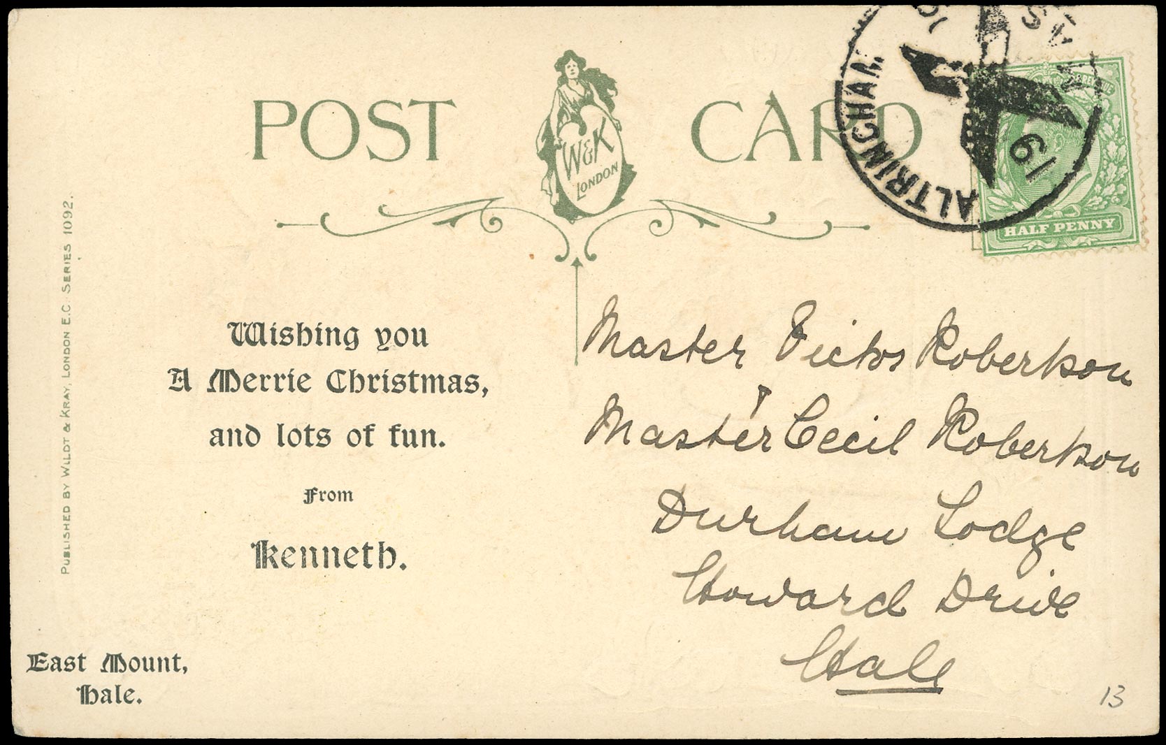 GB 1909  SG218 Cover - Altrincham Posted in Advance for Xmas