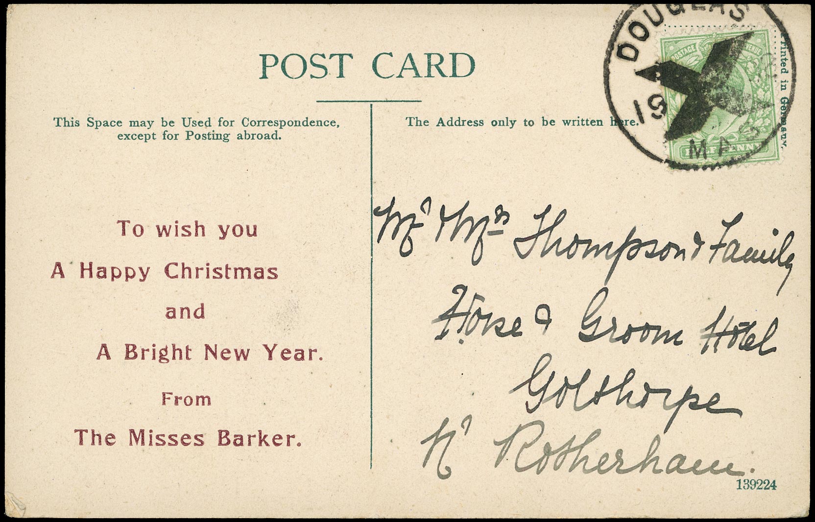 GB 1909  SG218 Cover - Douglas Posted in Advance for Xmas