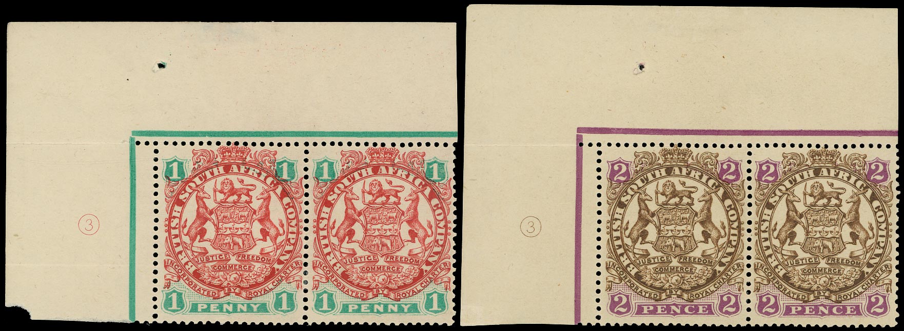 RHODESIA 1896  SG42, 43a Mint 1d, 2d die II with plate number 3