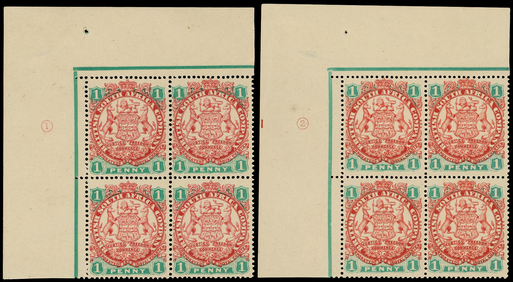 RHODESIA 1896  SG29 Mint 1d scarlet and emerald die I with plate numbers