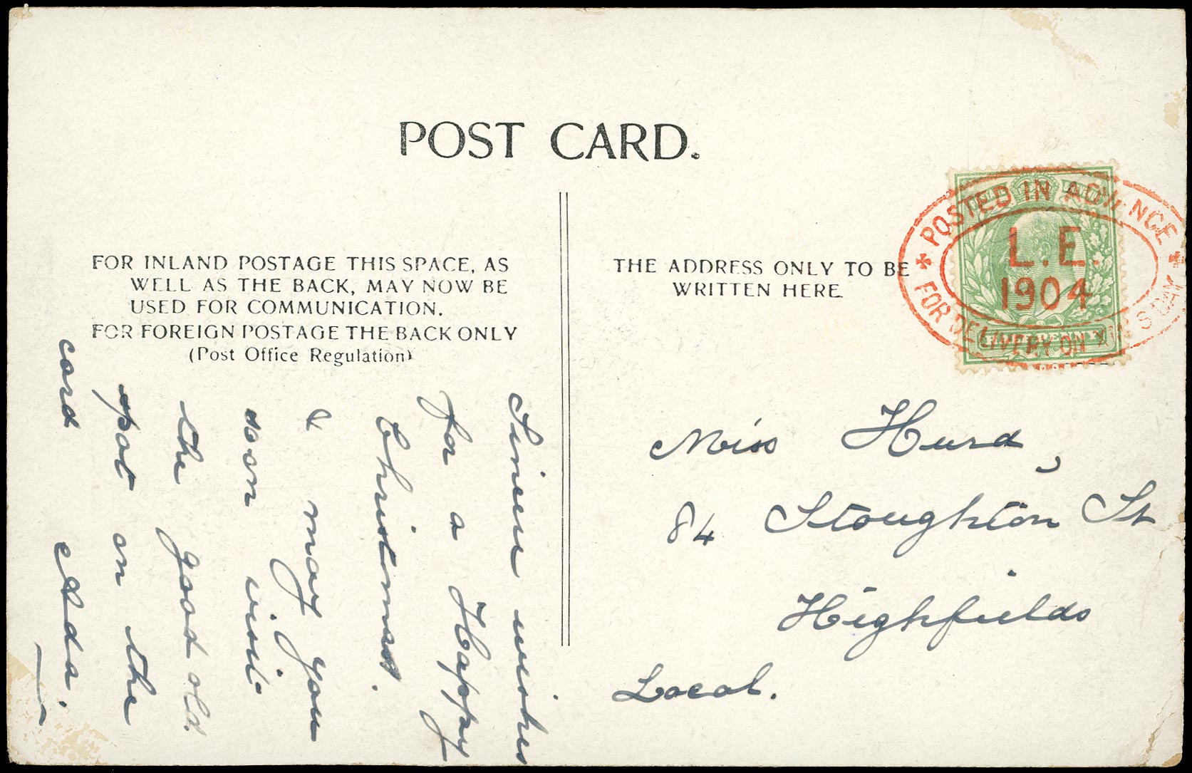 GB 1904  SG218 Cover - Leicester Posted in Advance for Xmas