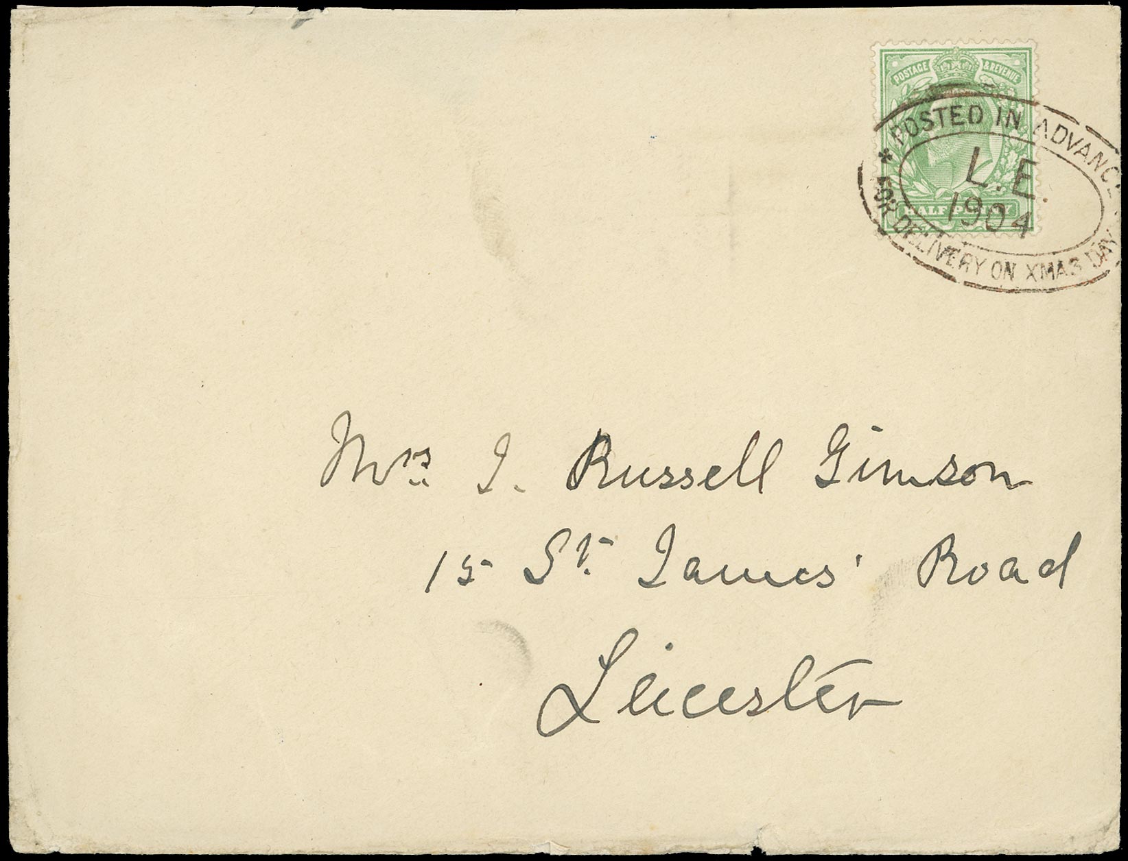 GB 1904  SG218 Cover - Leicester Posted in Advance for Xmas