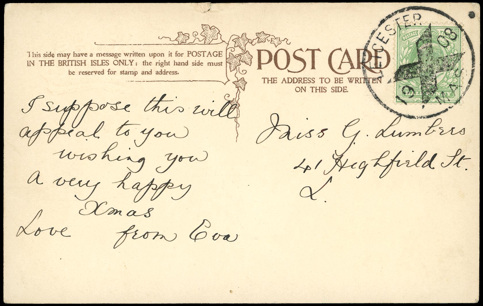 GB 1908  SG218 Cover - Leicester Posted in Advance for Xmas