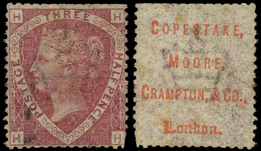GB 1870  SG51 Pl.3 Underprint - 'COPESTAKE, MOORE, CRAMPTON & CO. LONDON' unofficial underprint