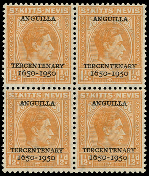 ST KITTS NEVIS 1950  SG87b Mint unmounted Anguilla Tercentenary 1&frac12;d watermark error St Edward's Crown