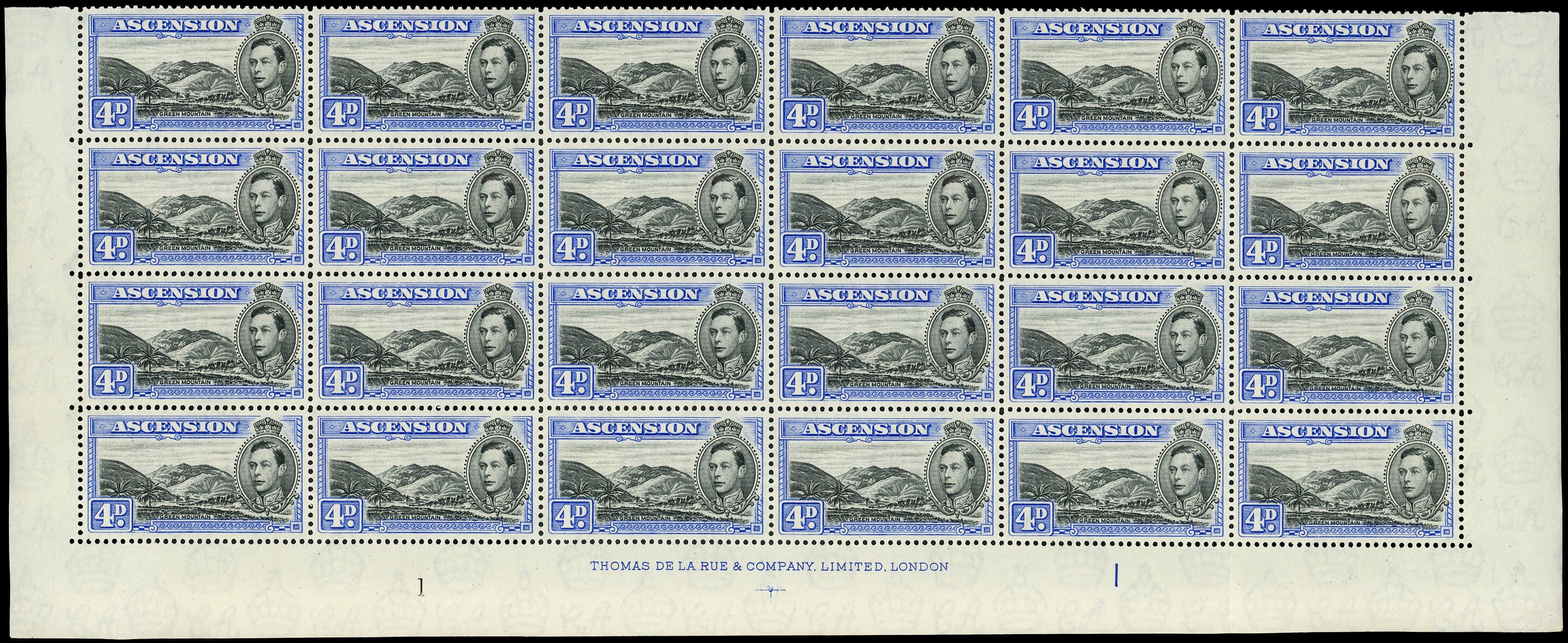 ASCENSION 1938  SG42d Mint unmounted KGVI 4d perf imprint block of 24