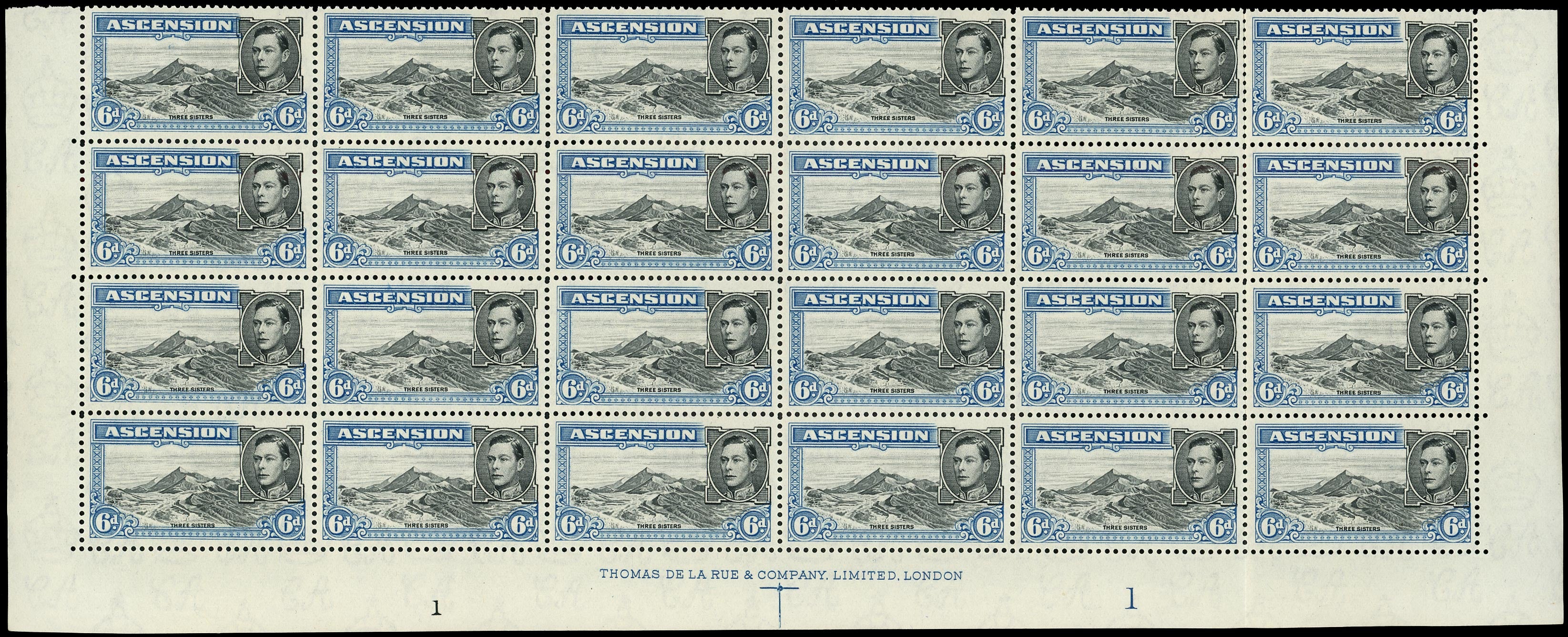 ASCENSION 1938  SG43b Mint unmounted KGVI 6d perf 13 imprint block of 24