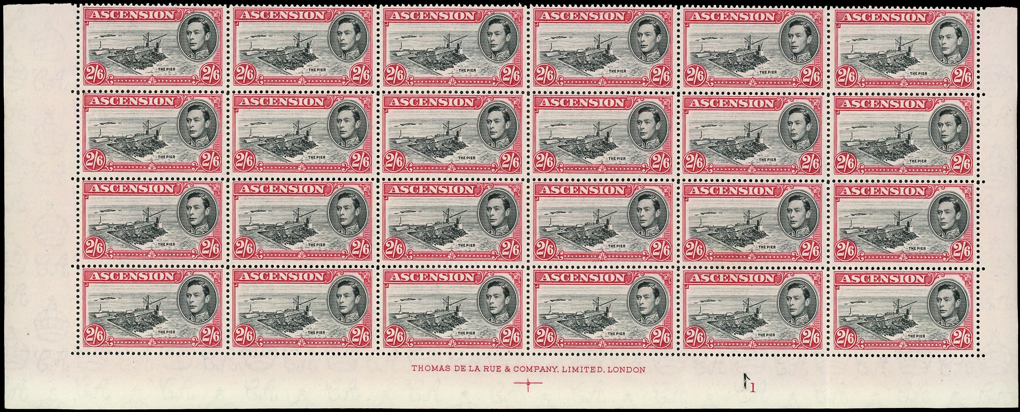 ASCENSION 1938  SG45c Mint unmounted KGVI 2s6d perf 13 imprint block of 24