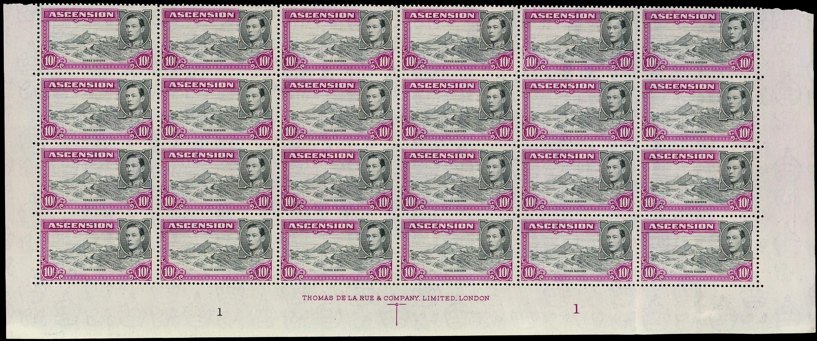 ASCENSION 1938  SG47b Mint unmounted KGVI 10s perf 13 imprint block of 24