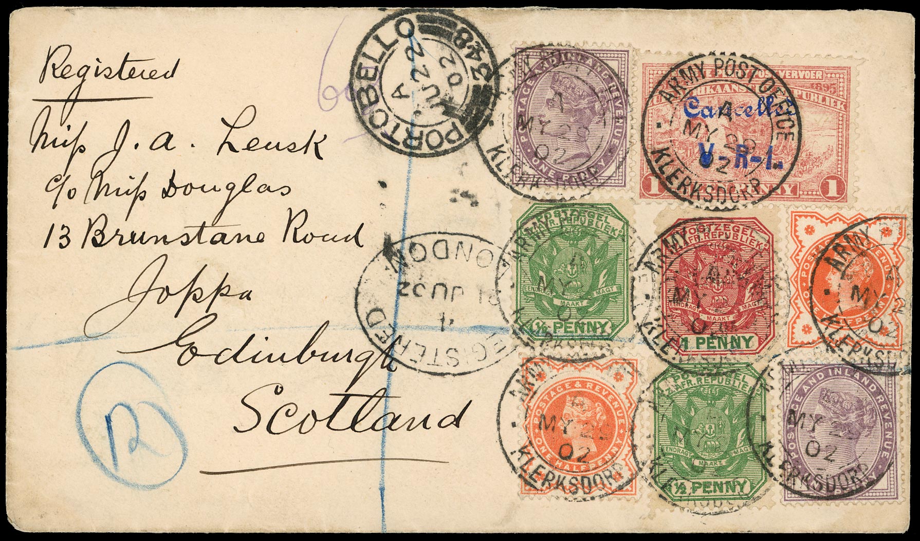 TRANSVAAL WOLMARAN 1902  SG9 Cover Wolmaransstad Leask Registered to Scotland bearing SG 9