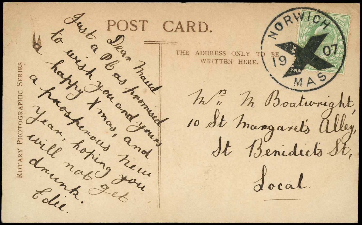 GB 1907  SG218 Cover - Norwich Posted in Advance for Xmas