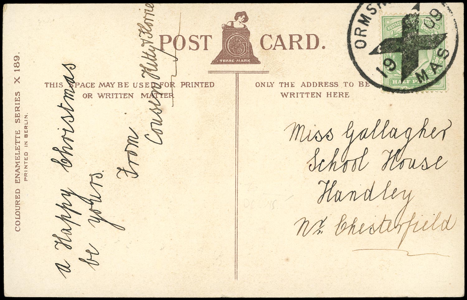 GB 1909  SG218 Cover - Ormskirk Posted in Advance for Xmas