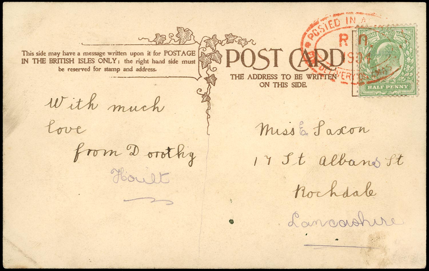 GB 1904  SG218 Cover - Rochdale Posted in Advance for Xmas