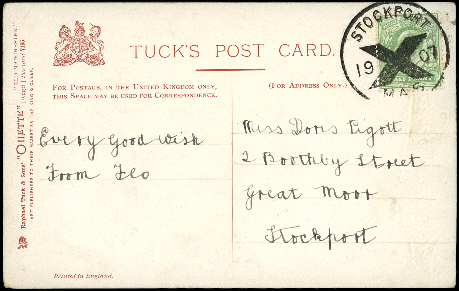 GB 1907  SG218 Cover - Stockport Posted in Advance for Xmas