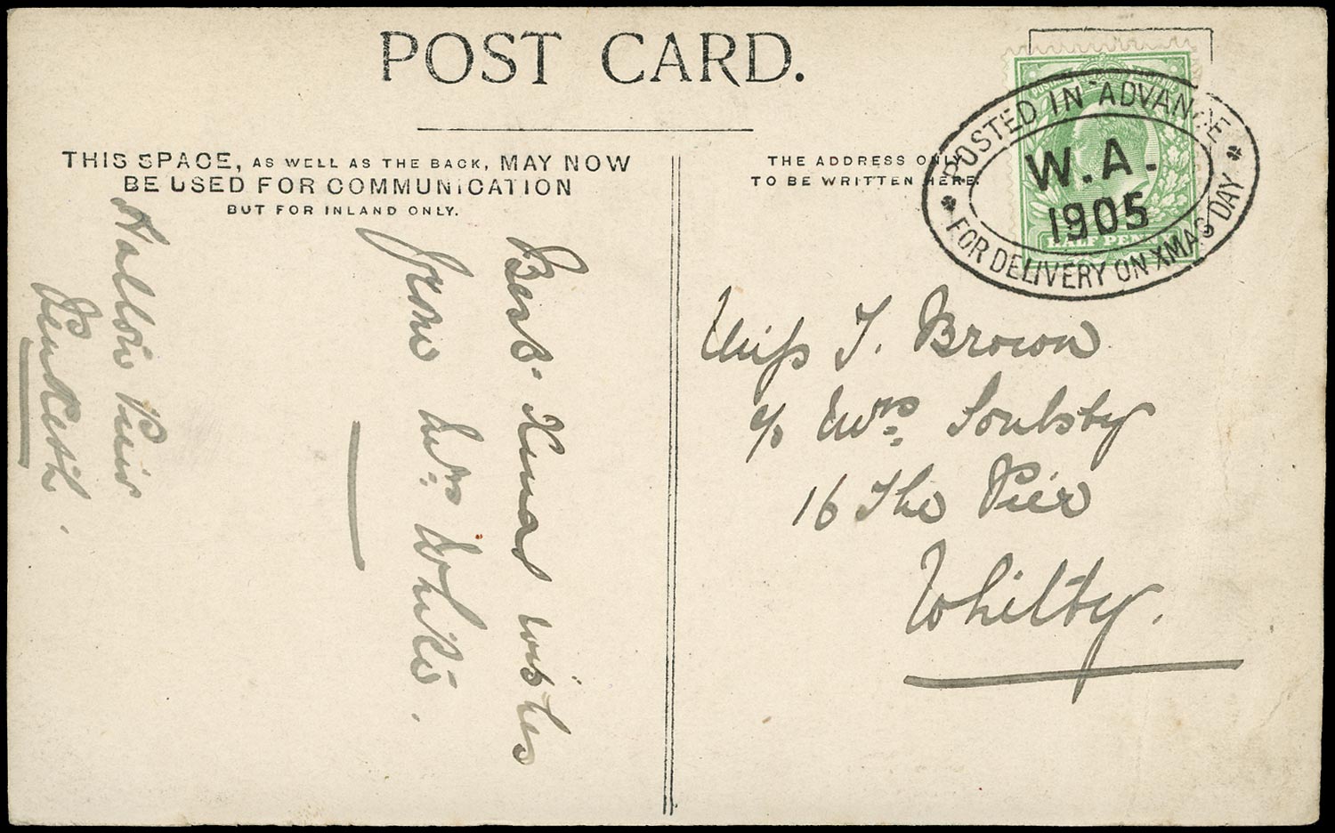 GB 1905  SG218 Cover - Warrington Posted in Advance for Xmas
