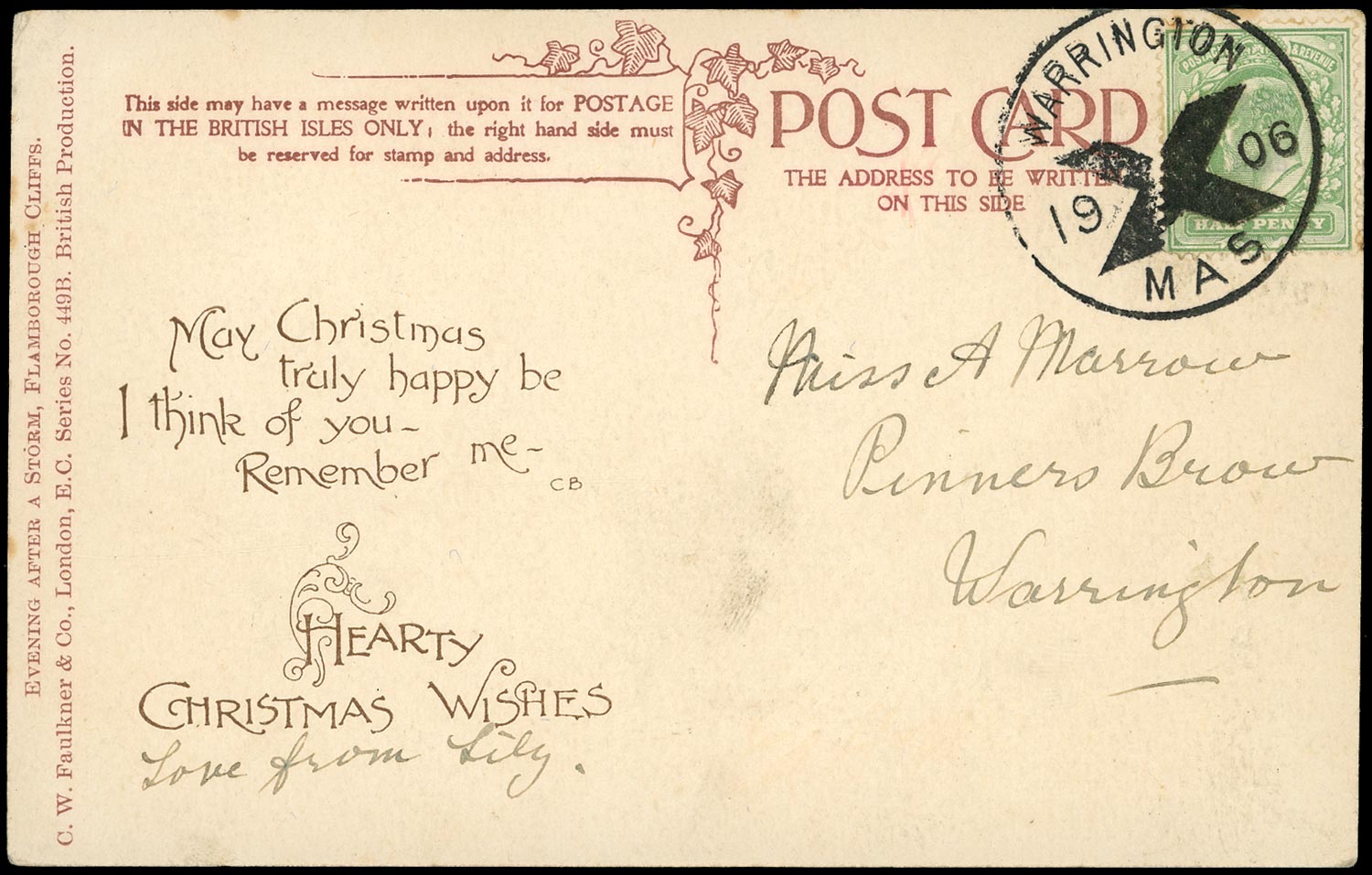 GB 1906  SG218 Cover - Warrington Posted in Advance for Xmas