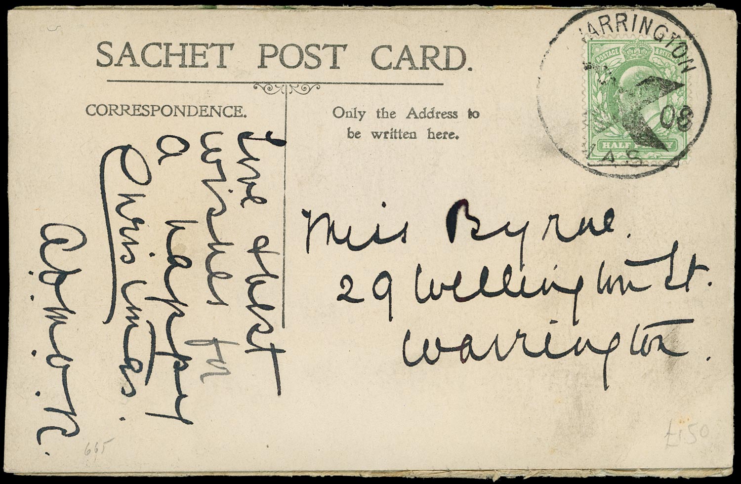 GB 1908  SG218 Cover - Warrington Posted in Advance for Xmas