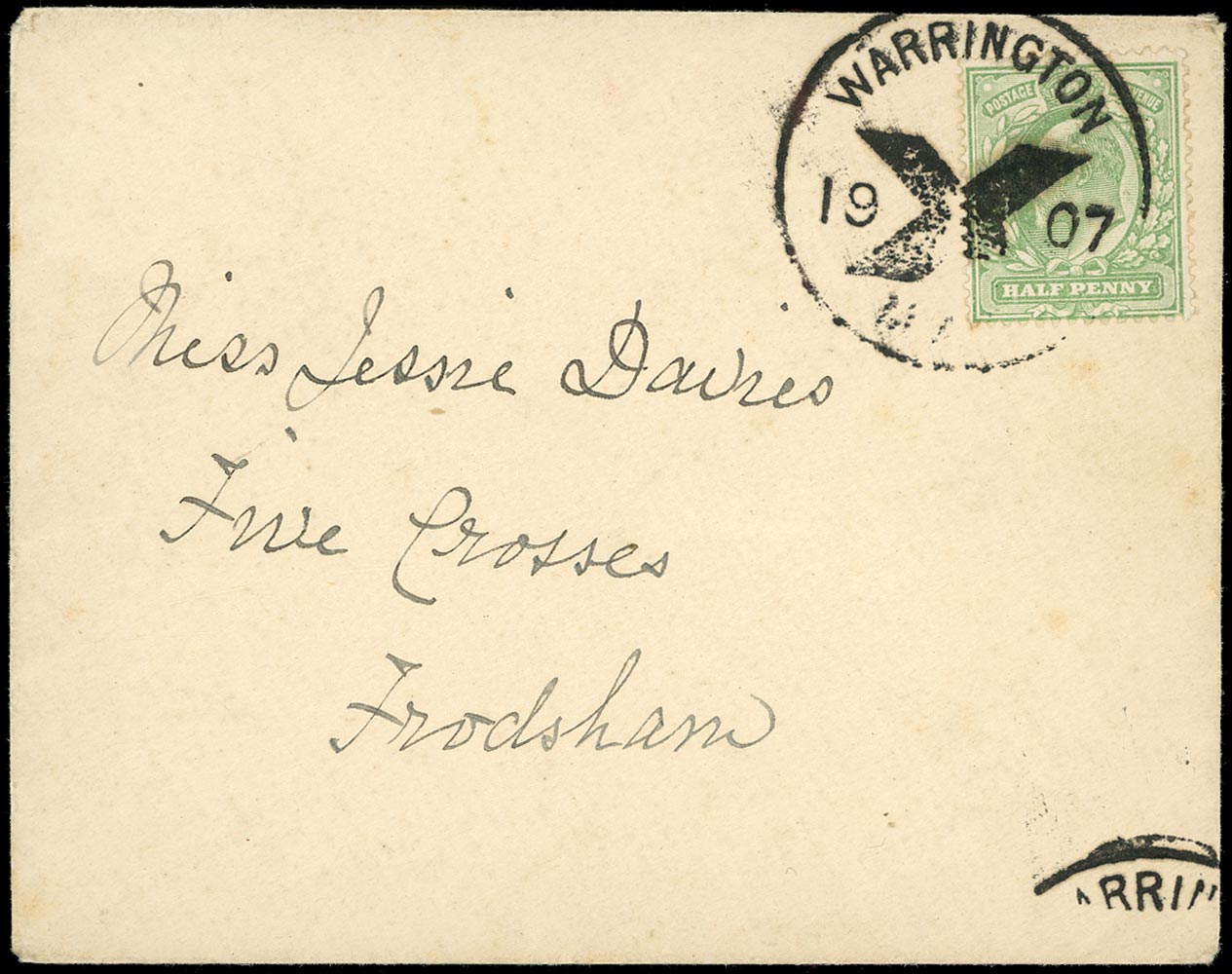 GB 1907  SG218 Cover - Warrington Posted in Advance for Xmas