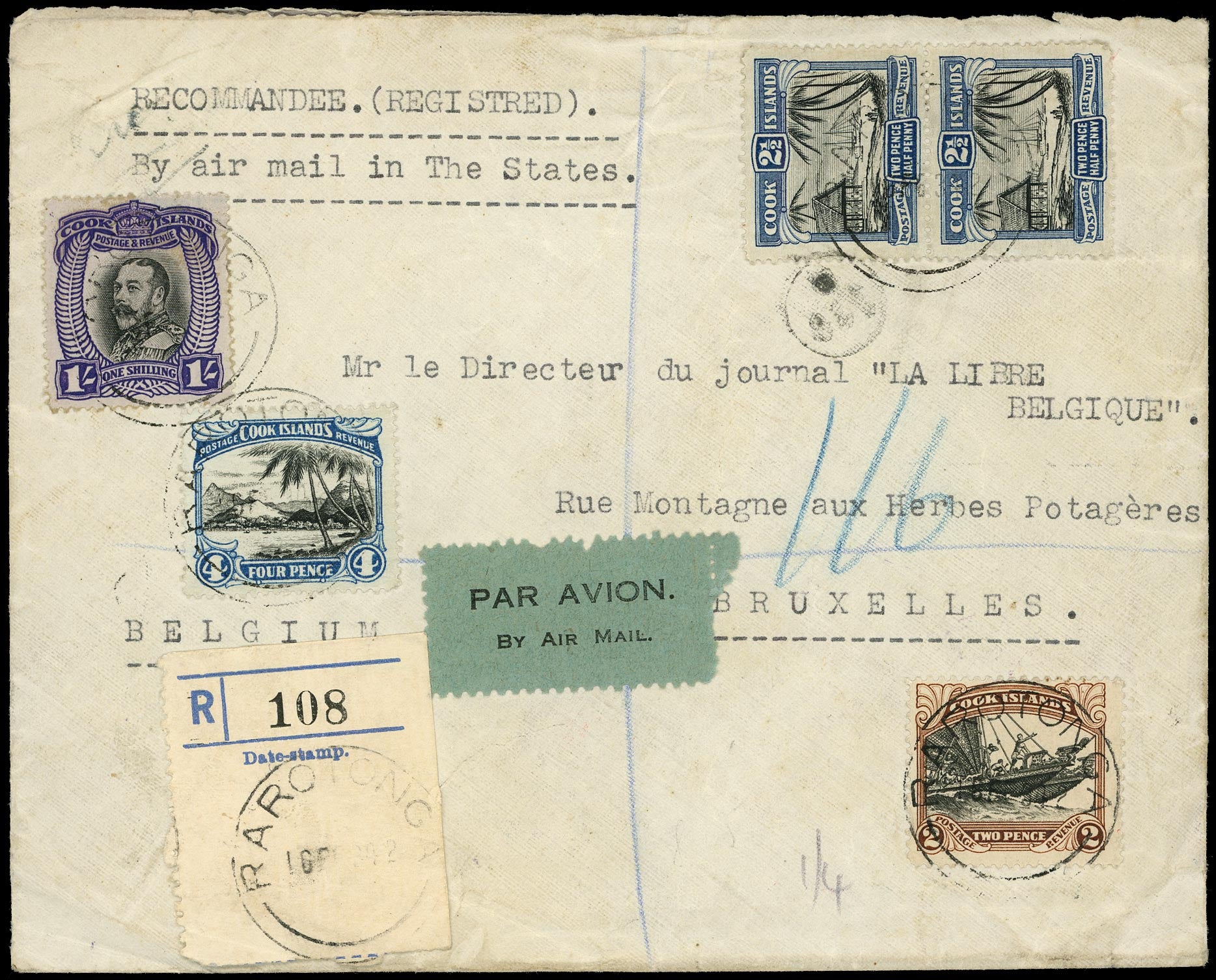 COOK ISLANDS 1934  SG101, 102a, 103a, 105 Cover registered from Rarotonga to Belgium