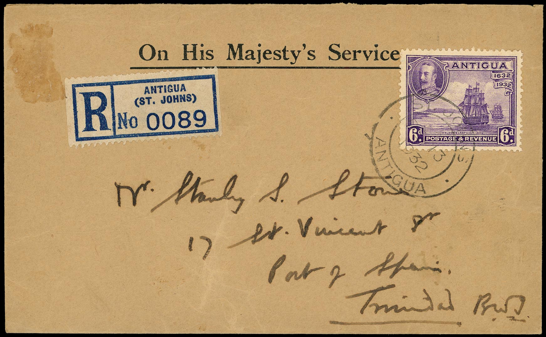 ANTIGUA 1932  SG87 Cover registered OHMS from St Johns to Trinidad