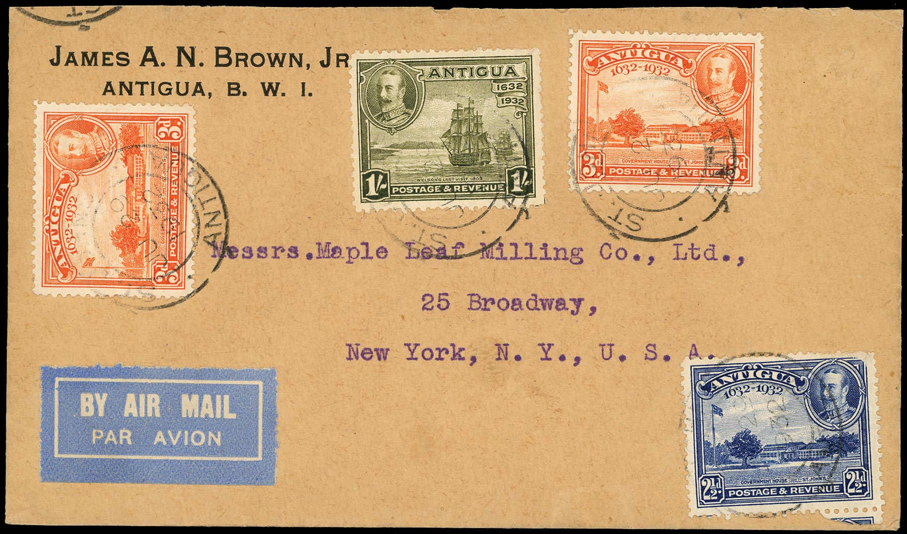 ANTIGUA 1932  SG85, 86, 88 Cover airmail from St Johns to New York