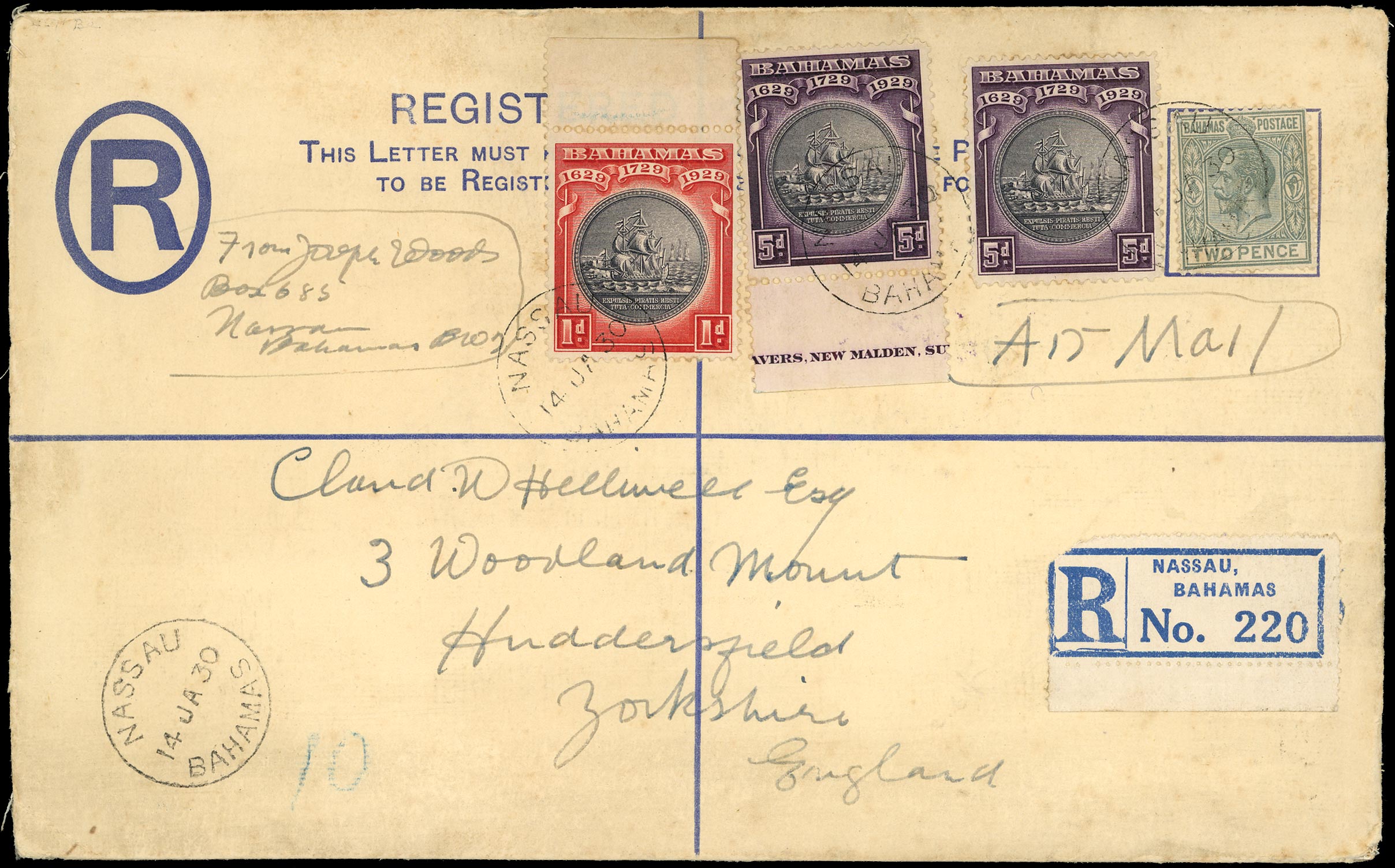 BAHAMAS 1930  SG118, 126, 128 Cover registered 2d postal stationery envelope used to England