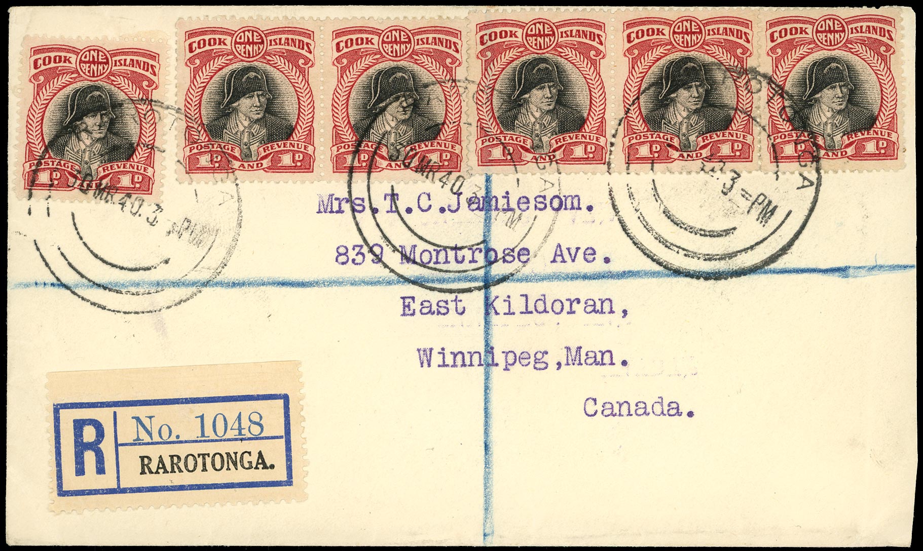 COOK ISLANDS 1940  SG100c Cover registered to Canada
