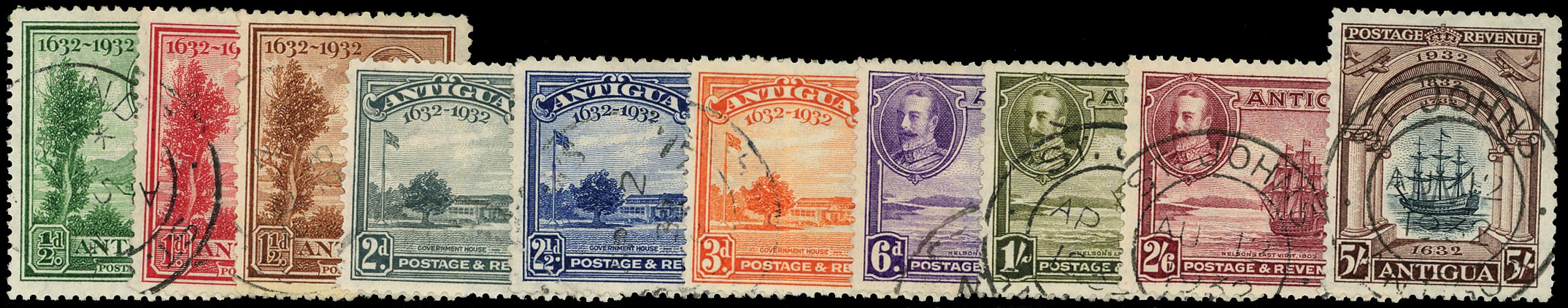 ANTIGUA 1932  SG81/90 Used Tercentenary set of 10 to 5s