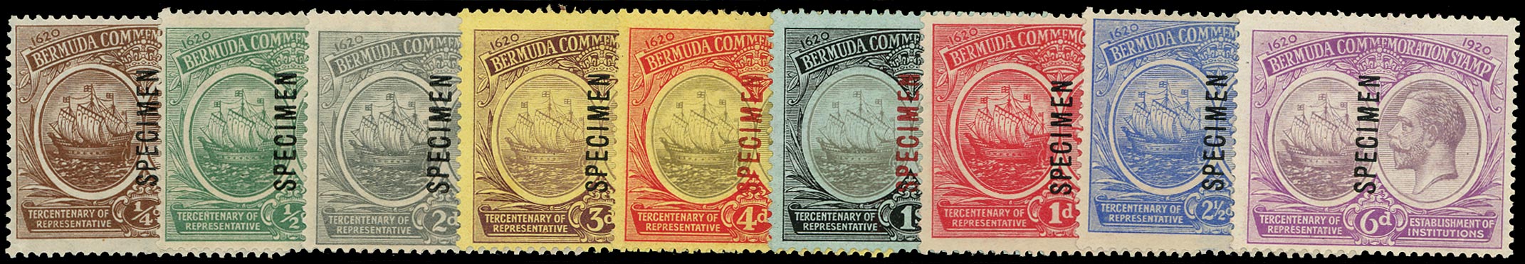 BERMUDA 1920  SG59s/67s Specimen Tercentenary (1st issue) set of 9 to 1s