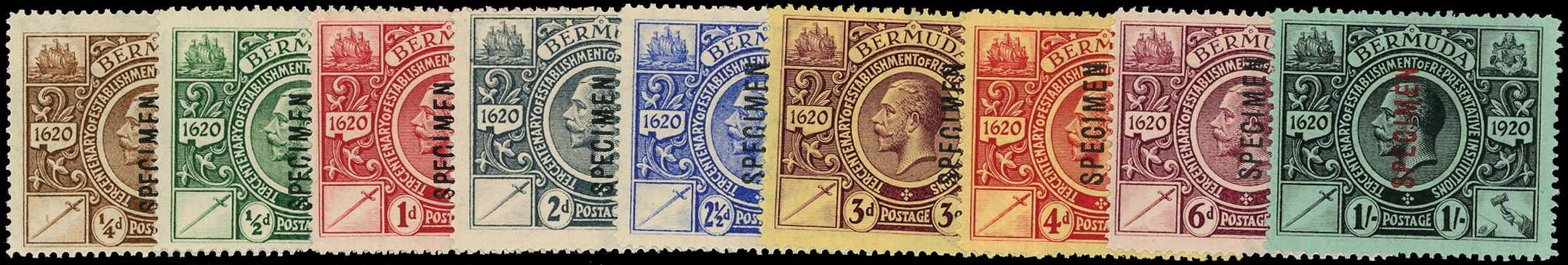 BERMUDA 1921  SG68s/76s Specimen Tercentenary (2nd issue) set of 9 to 1s