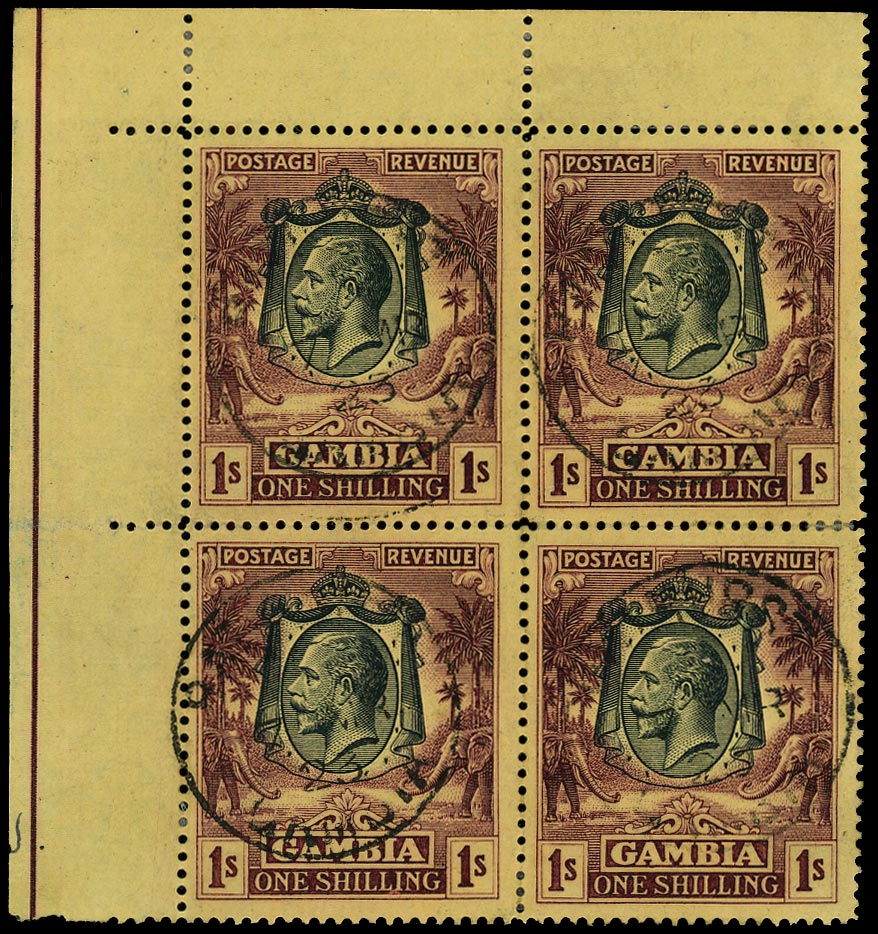 GAMBIA 1922  SG120w Used KGV 1s purple on yellow paper watermark MCA variety Watermark inverted