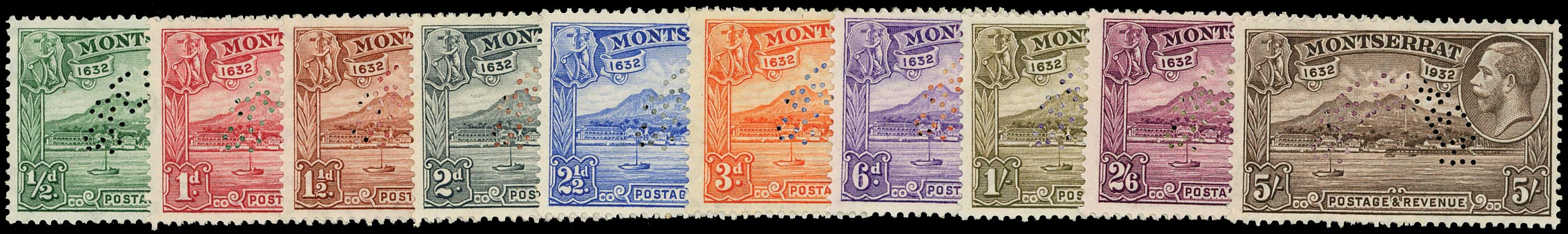MONTSERRAT 1932  SG84s/93s Specimen Tercentenary set of 10 to 5s