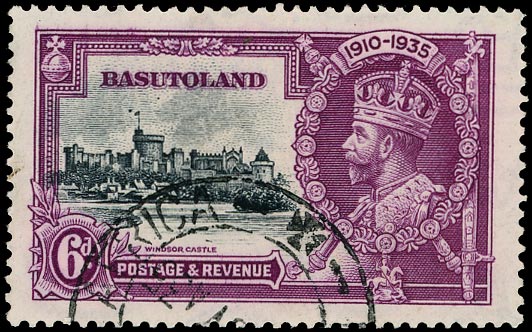 BASUTOLAND 1935  SG14h Used Silver Jubilee 6d slate and purple variety Dot by flagstaff