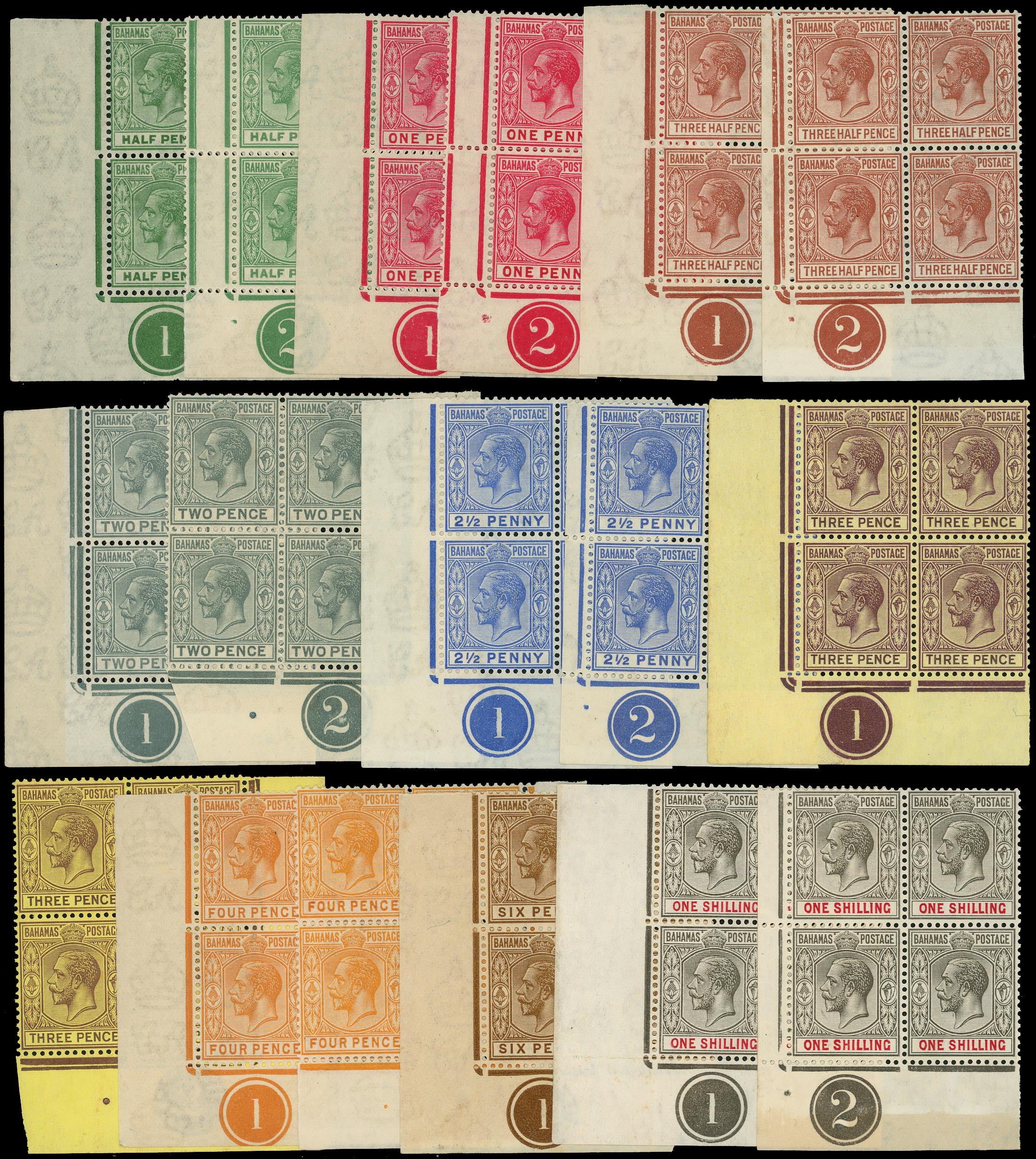 BAHAMAS 1921  SG115/23 Mint KGV range of 17 plate number blocks of 4 Script watermark
