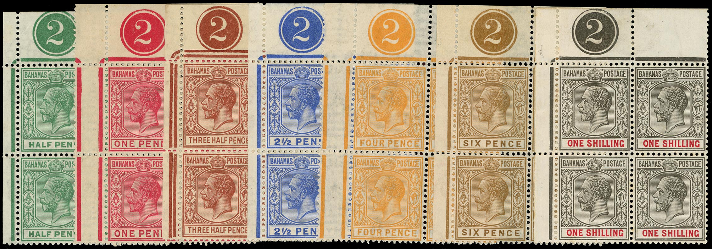BAHAMAS 1921  SG115/23 btwn Mint KGV range of 7 plate number blocks of 4 Script watermark
