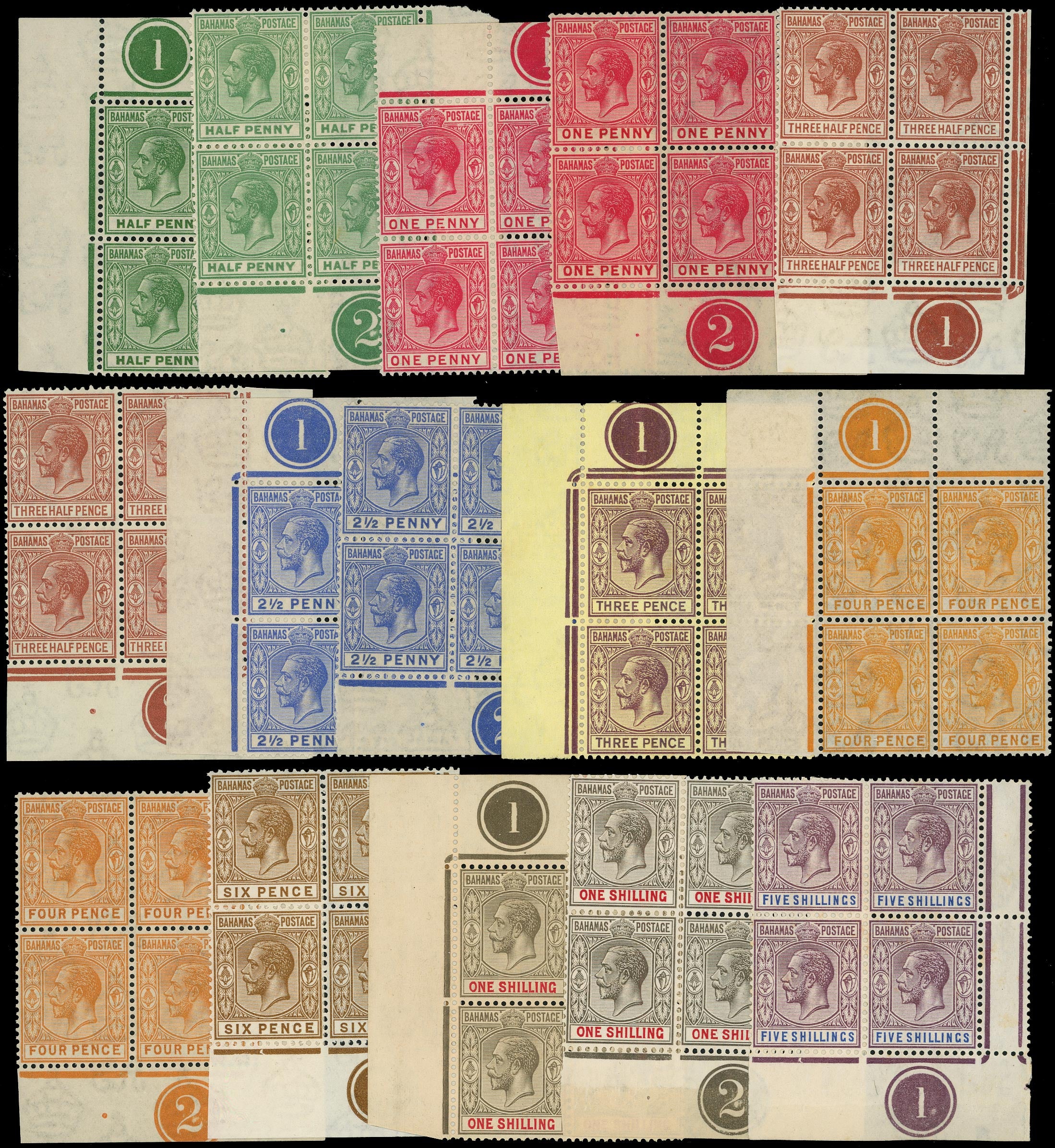 BAHAMAS 1921  SG115/24 btwn Mint KGV range of 15 plate number blocks of 4 Script watermark
