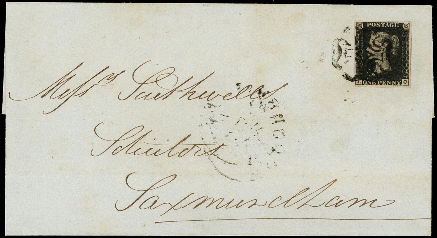 GB 1840  SG2 Pl.8 Penny Black cover Woodbridge to Saxmundham