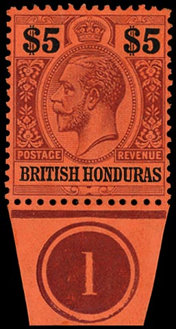 BRITISH HONDURAS 1913  SG110 Mint KGV $5 puple and black on red paper watermark MCA