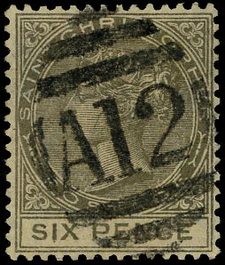 ST CHRISTOPHER 1882  SG19 Forgery by Sperati of QV 6d olive-brown